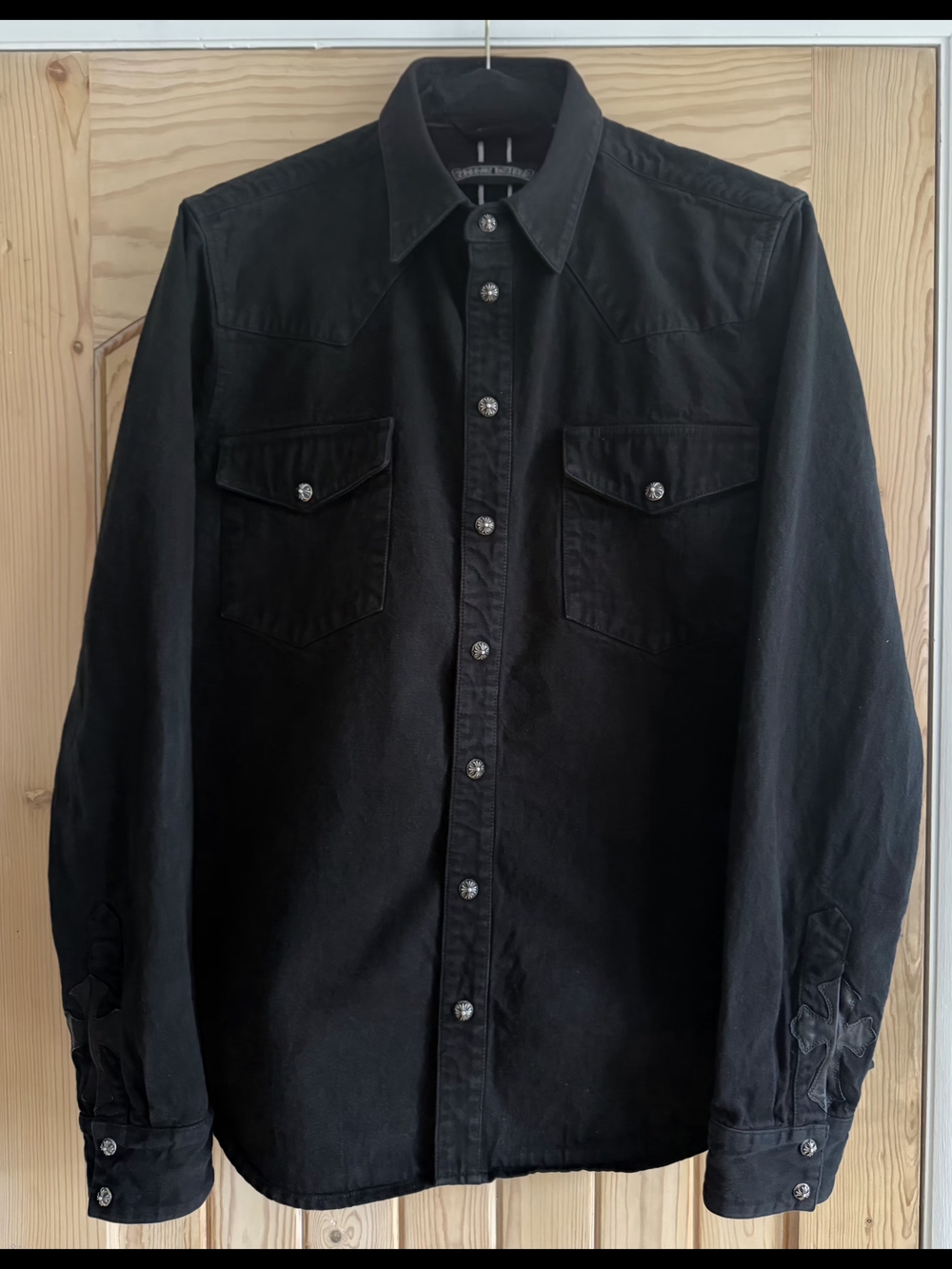 Chrome Hearts Black Cotton Denim Shirt Leather Cross Patch sz XL
